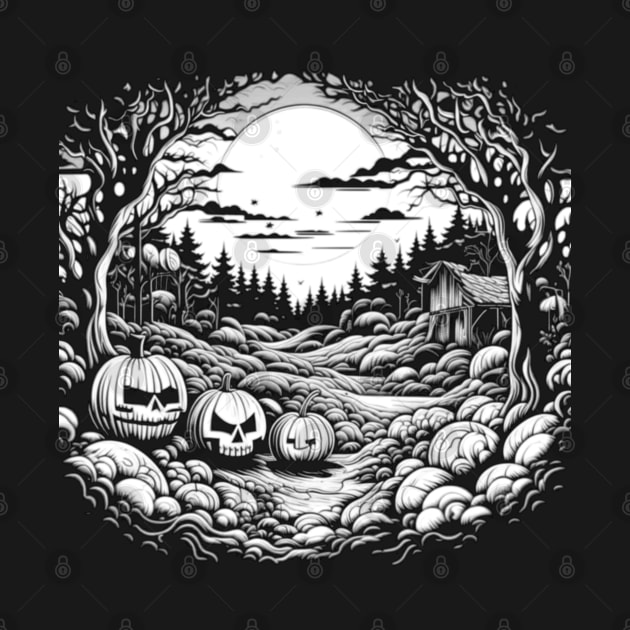White Night of the Pumpkin Patch And Hut, Halloween by vystudio