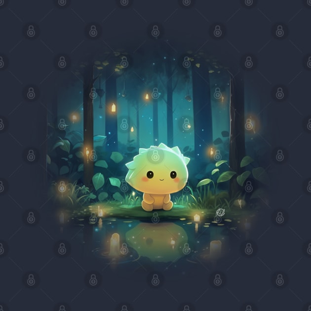 Kawaii Dino alone in a forest by Violet77 Studio