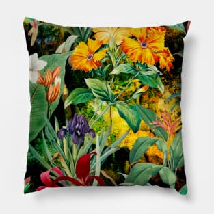 Colorful tropical floral leaves botanical illustration, tropical plants,leaves and flowers, black yellow leaves pattern Pillow