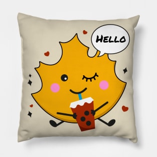 Cute autumn leaf drinking bubble milk tea Pillow