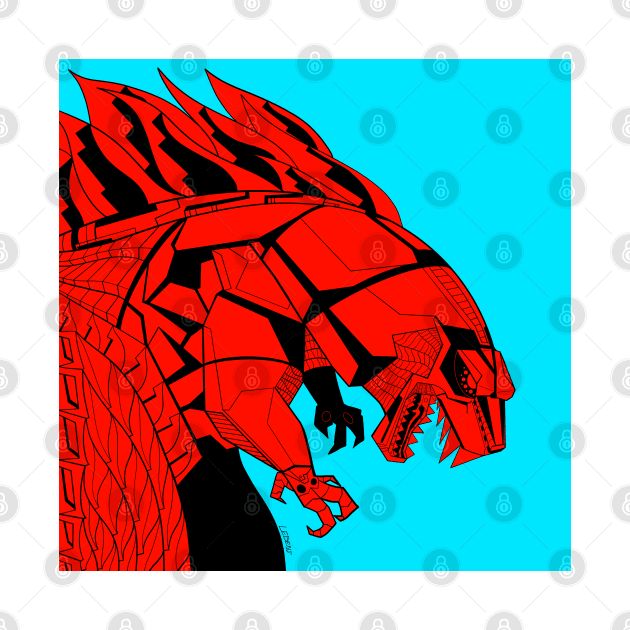 mecha gojira ecopop in red of fire kaiju madness art by jorge_lebeau