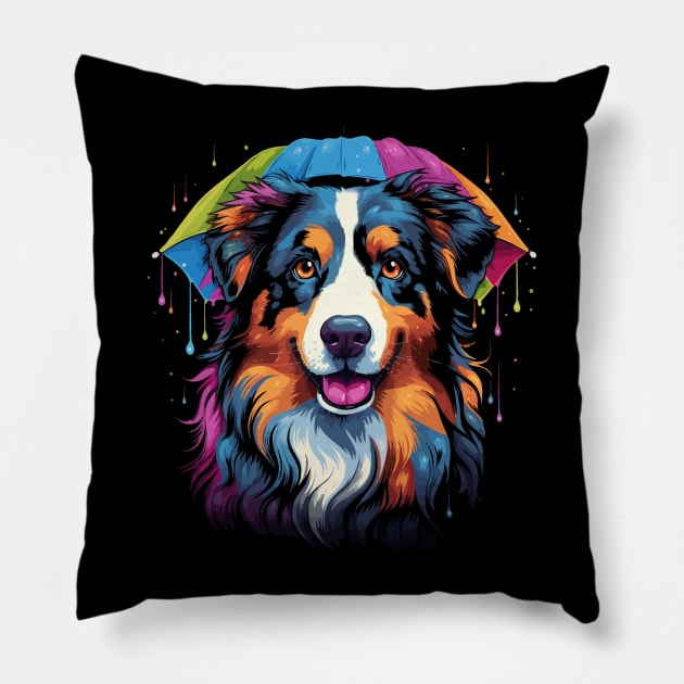 Australian Shepherd Rainy Day With Umbrella Pillow by JH Mart