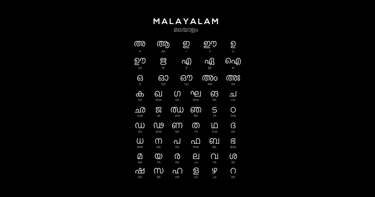 Malayalam Alphabet Chart India Language Learning, Black Malayalam