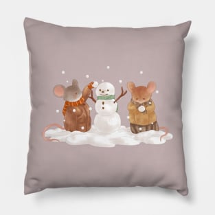 Snowy Winter Cottagecore Mice Building a Snowman Pillow