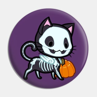 Halloween Chibi Winged Kitty - Black Skeleton Cat Pin