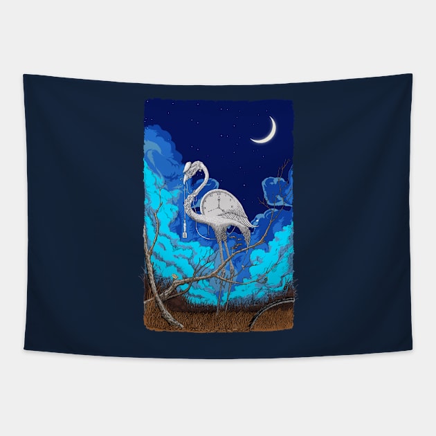 Night Flamingo Illustration Tapestry by ElzeroStudio