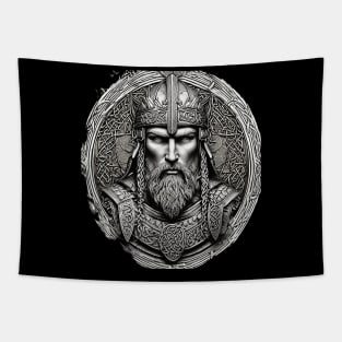 Noble Viking King Warrior with Ornate Celtic Knot Armor in black and grey Tapestry