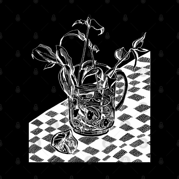 White outline on a black background. Still life with flowers. by ElizabethArt