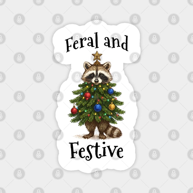 Raccoon Decorated Christmas Tree, Feral and Festive Magnet by Luxinda