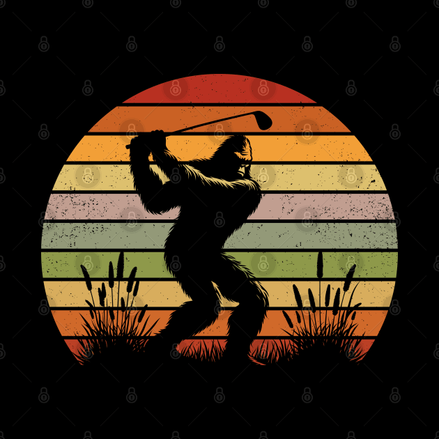 Bigfoot Sasquatch Playing Golf Vintage Sunset Outdoor Sport by Cuteness Klub