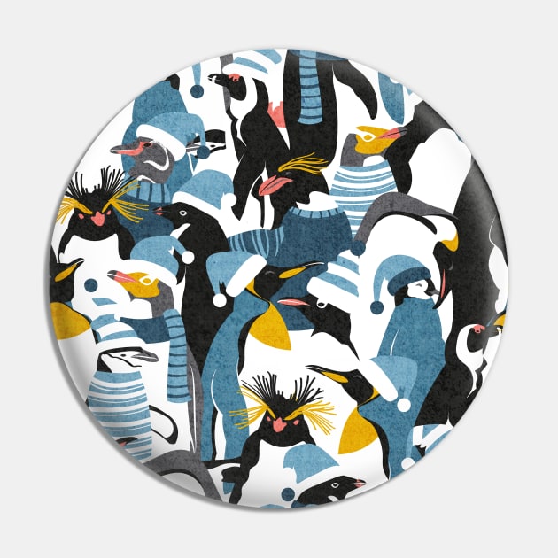 Merry penguins // pattern // black white grey dark teal yellow and coral type species of penguins blue dressed for winter and Christmas season (King, African, Emperor, Gentoo, Galápagos, Macaroni, Adèlie, Rockhopper, Yellow-eyed, Chinstrap) Pin by SelmaCardoso