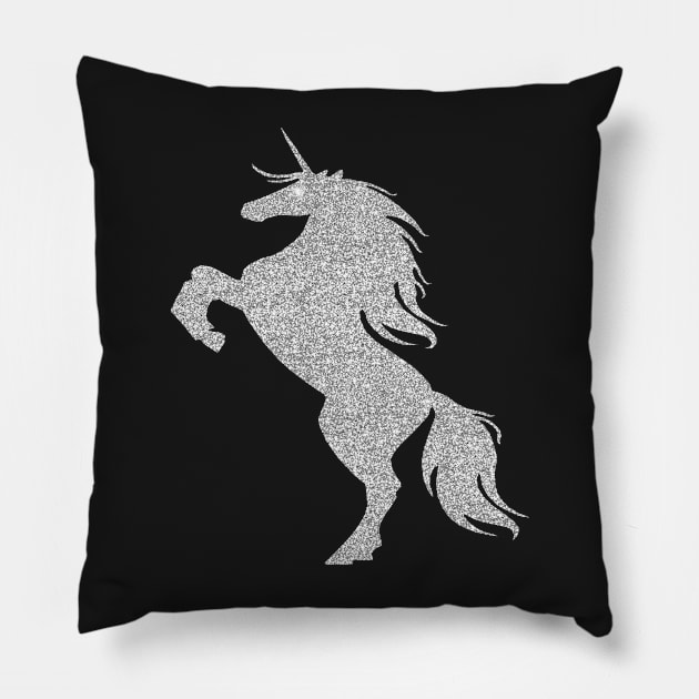 Silver Faux Glitter Magical Rearing Unicorn Pillow by Atteestude