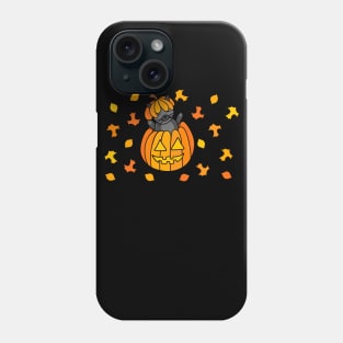 Cartoon Halloween Cat in Jack o Lantern Pumpkin with Fall Leaves on a Purple Backdrop, made by EndlessEmporium Phone Case