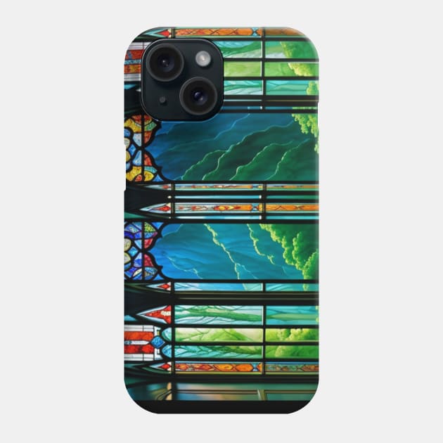 Stained Glass Window Looking Out at Mountains Phone Case by CursedContent