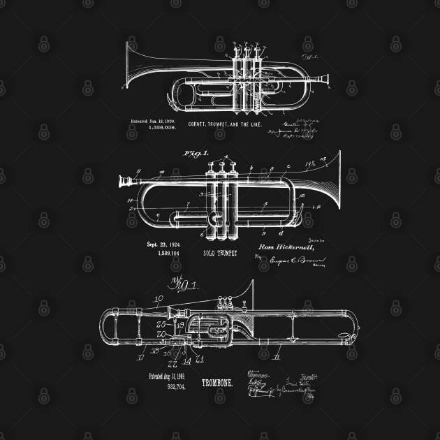 Trumpet, Cornet, Trombone Vintage Patent Prints by MadebyDesign