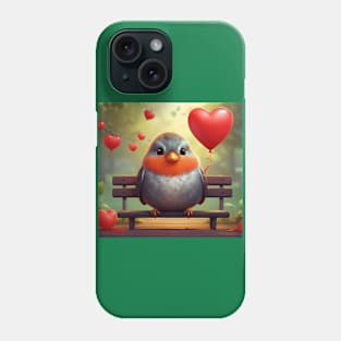 Baby Robin on Bench with Red Heart Balloons Phone Case