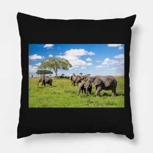 Elephant Herd In The Serengeti Landscape Pillow