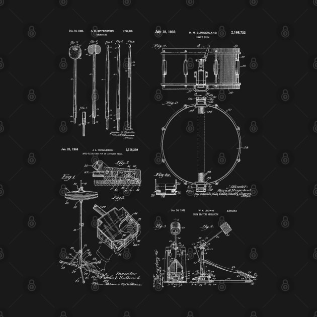 Drum Kit Drummer Gift Vintage Patent Prints by MadebyDesign