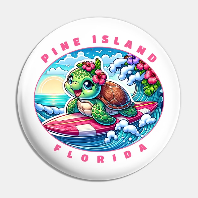 Pine Island Florida Girls Cute Surfing Sea Turtle Pin by grendelfly73