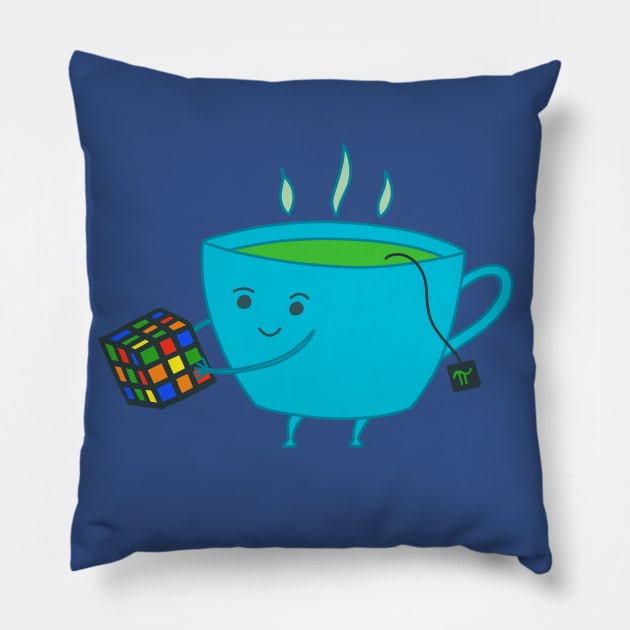A Cup of Tea Solves Everything - cute and fun tea cup on blue Pillow by Green Paladin