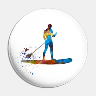 Young man practices paddle surfing in watercolor Pin