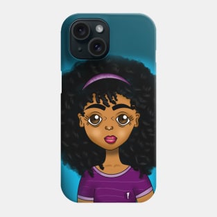 Cute brown skin girl with big curls on blue background Phone Case