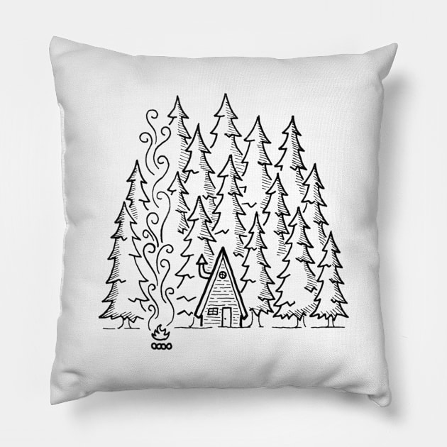 Log Cabin in the Woods Pillow by rtsukamoto