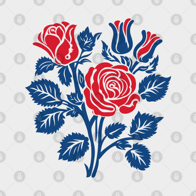 Red and blue roses block print by craftydesigns