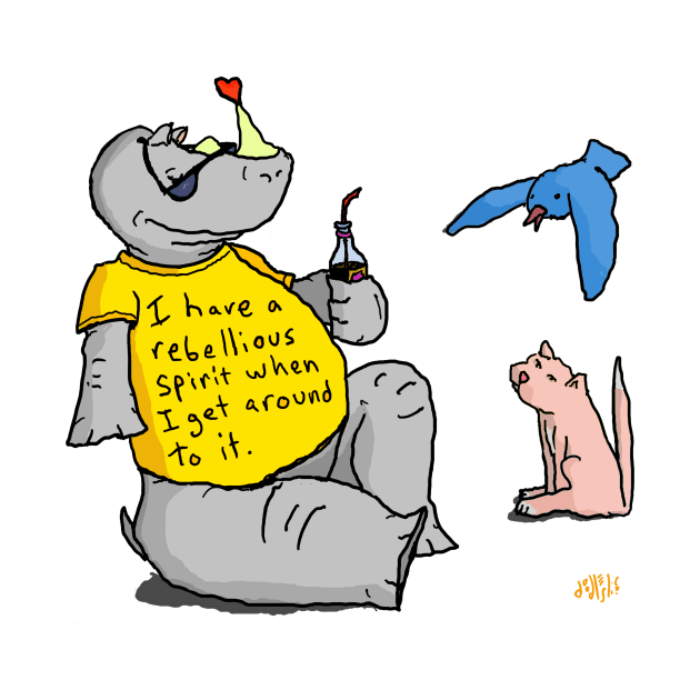 Rebellious Rhino, cartoon rhino with a rebel spirit, and friends by davidscohen