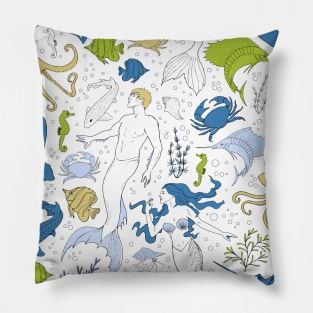 under the sea - white blue beige green Pillow