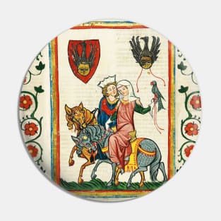 LOVERS ON HORSEBACK WITH FALCON , MEDIEVAL MINIATURE WITH WILD ROSES Pin