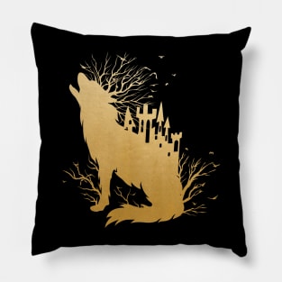 Fairy Tale Metallic Gold Wolf Castle and Trees Pillow