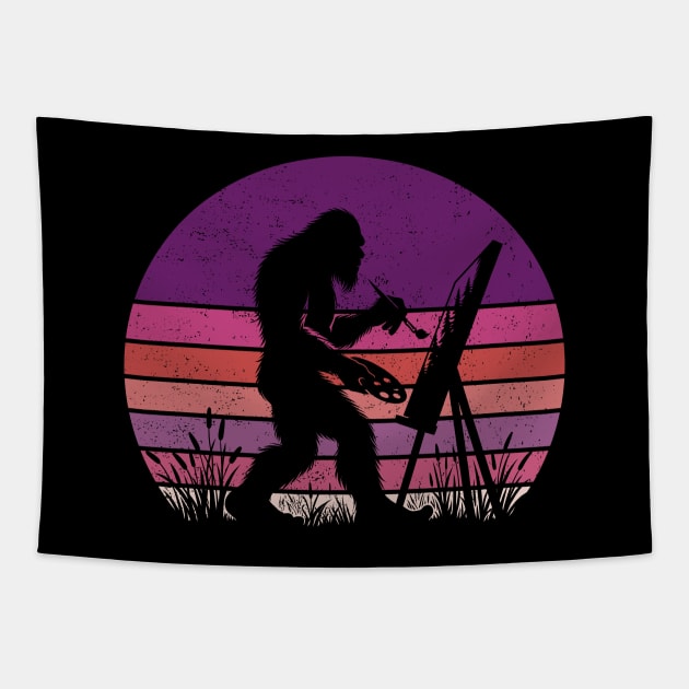 Bigfoot Sasquatch Painting A Forest Landscape Vintage Sunset Painter Tapestry by Cuteness Klub