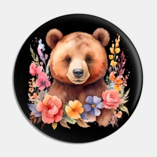 A brown bear decorated with beautiful watercolor flowers Pin