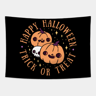 Happy Halloween trick or treat cute pumpkin friends with a skull Tapestry