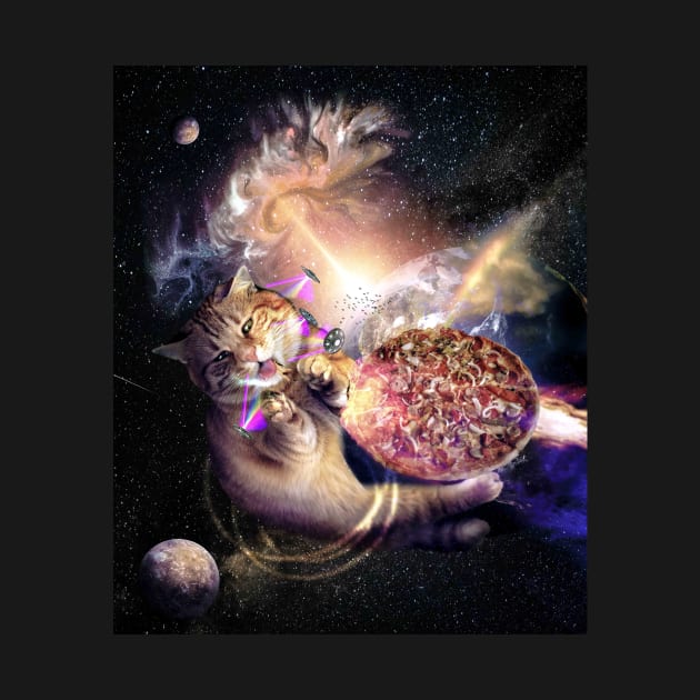 Galaxy Space Cat Reaching Pizza With Laser by Random Galaxy