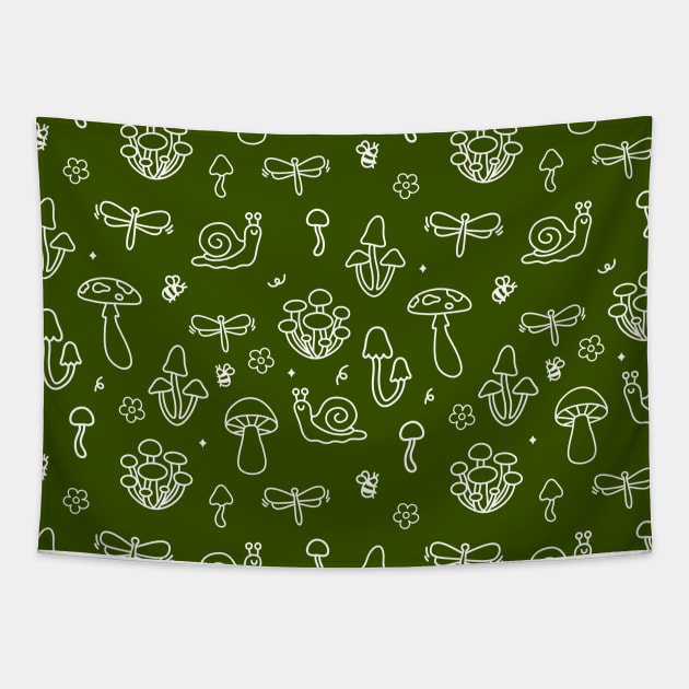 Mushrooms Pattern and Forest Creatures Moss Green Tapestry by Trippycollage