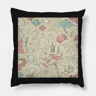 under the sea - beige rose mint seamless pattern Pillow