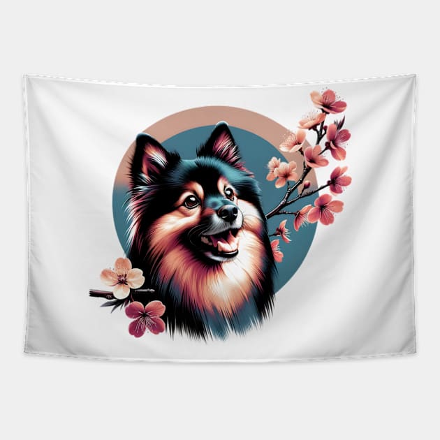 Joyful German Spitz with Spring Cherry Blossoms Tapestry by ArtRUs