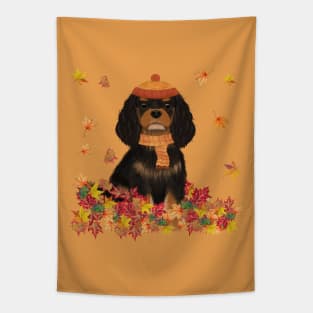 Black and Tan Cavalier in Fall Leave, Cavalier King Charles Spaniel Tapestry