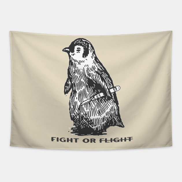 Retro Fight Or Flight Funny Penguin Tapestry by MManoban