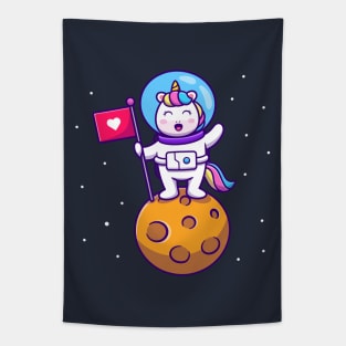 Cute Unicorn Astronaut Holding Flag On Planet Tapestry