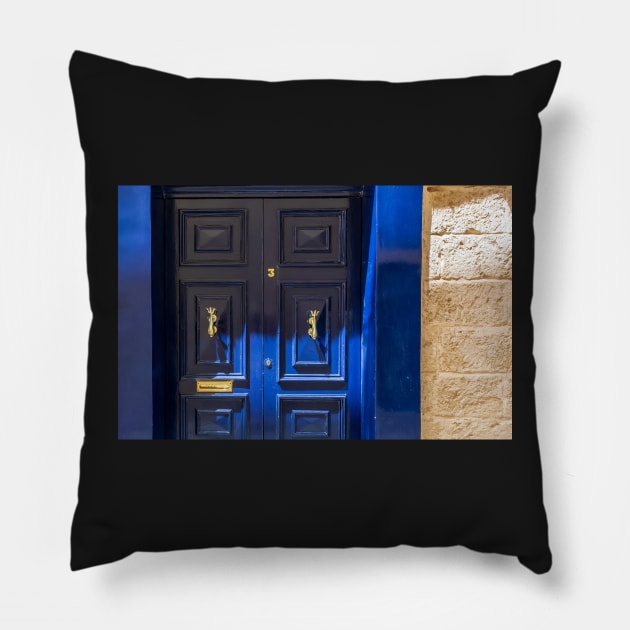 Blue wooden door with golden vintage knockers Pillow by lena-maximova