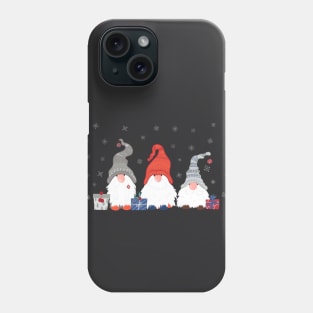 Three Christmas Gnomes with Snowflakes and Presents on Dark Grey Background Phone Case