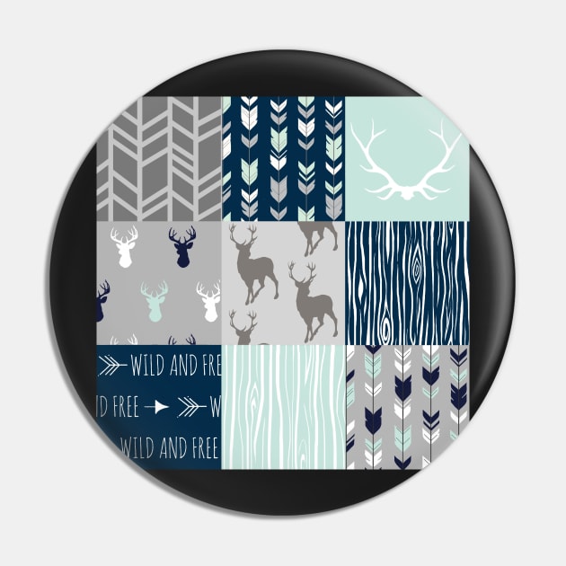 Patchwork Deer - Mint, Navy and grey Pin by SugarPineDesign