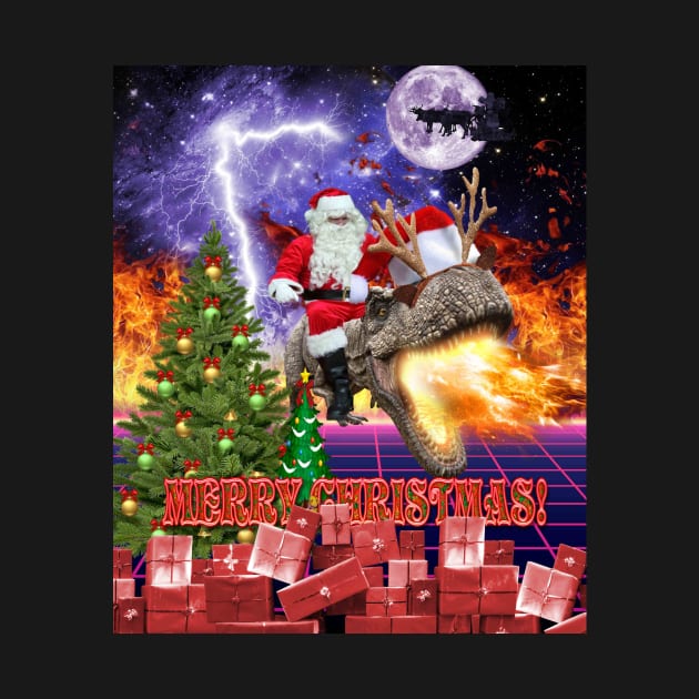 Christmas Santa Riding Fire Dinosaur, Synthwave Funny by Random Galaxy