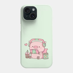 Cute Pig Gamer With Headphones and Snacks Phone Case