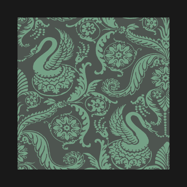 Mint Green on Sage Classy Medieval Damask Swans by JamieWetzel