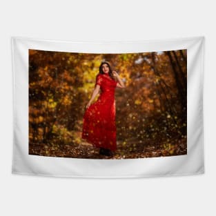 Woman in red dress in the oak forest, full body Tapestry