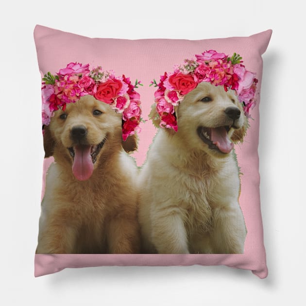 Cute golden retriever in flower crowns Pillow by Sarahsartfulstudies